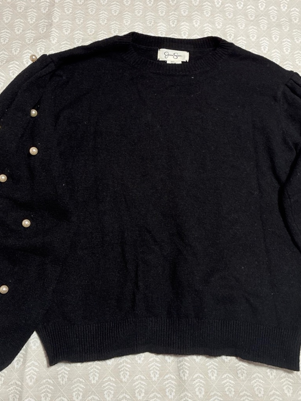 Jessica Simpson Black Sweater with Pearl-Accent Sleeves